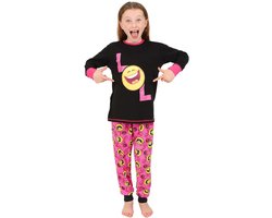 Roze Lang Pyjama Set Meisjes Emoji Stijl Lachend Gezicht Katoen Maat 9-15 Jaar