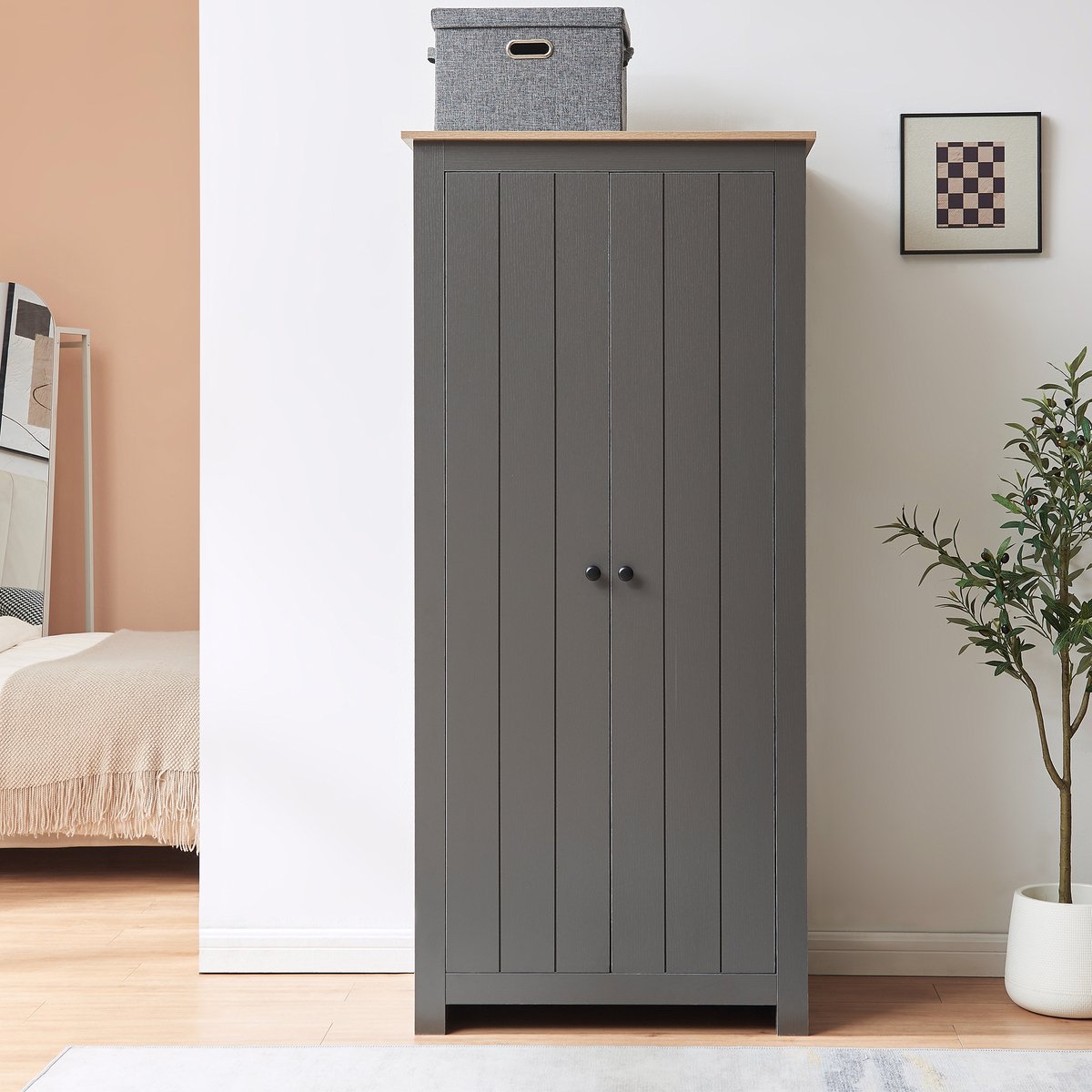 Kledingkast Trorjam 2-deurs 175x80x52 cm grijs en eikenkleurig [en.casa]