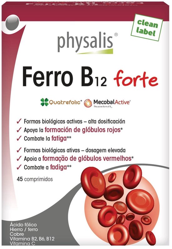Verpakking van Physalis Ferro B12 forte met de tekst 'clean label'. Rode pillen en rode bloedcellen op de voorkant.