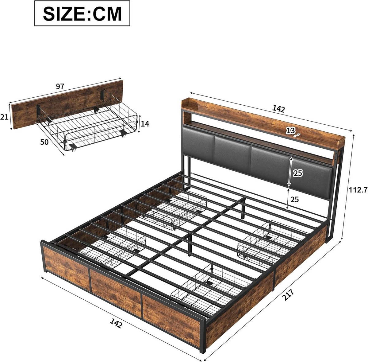 Tweepersoonsbed 140x200 cm met Opbergruimte en LED – Casa Velluto Panthera Luxe Bedframe met 4 Lades, USB-Oplaadfunctie en Lattenbodem – Zwart Kunstlederen Hoofdbord & Metalen Frame