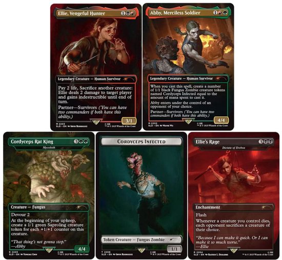 Vijf kaarten: Ellie, Abby, Cordyceps Rat King, Cordyceps Infected en Ellie's Rage.