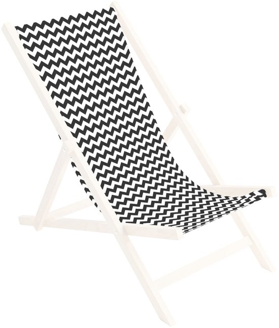 Houten ligstoel met zwart-witte zigzag stof. De stof is vervangbaar.