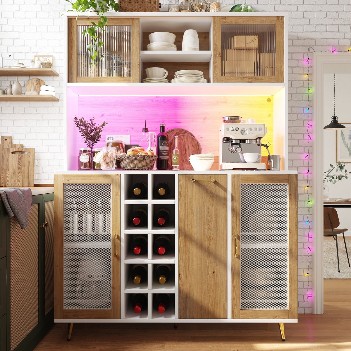 PHOEBE CAT Keukenkast - Dressoir - Houtnerf - LED-verlichting - Wijnrek - Met stopcontacten - Natuurlijk + Wit
