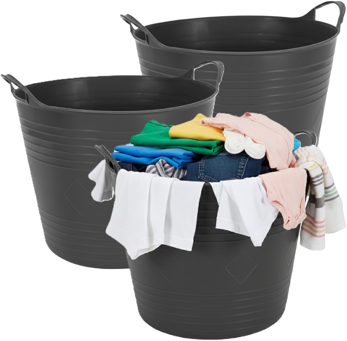 Excellent houseware flexibele wasmand - 3x - zwart - 27 liter - kunststof - 42 x 40 x 35 cm