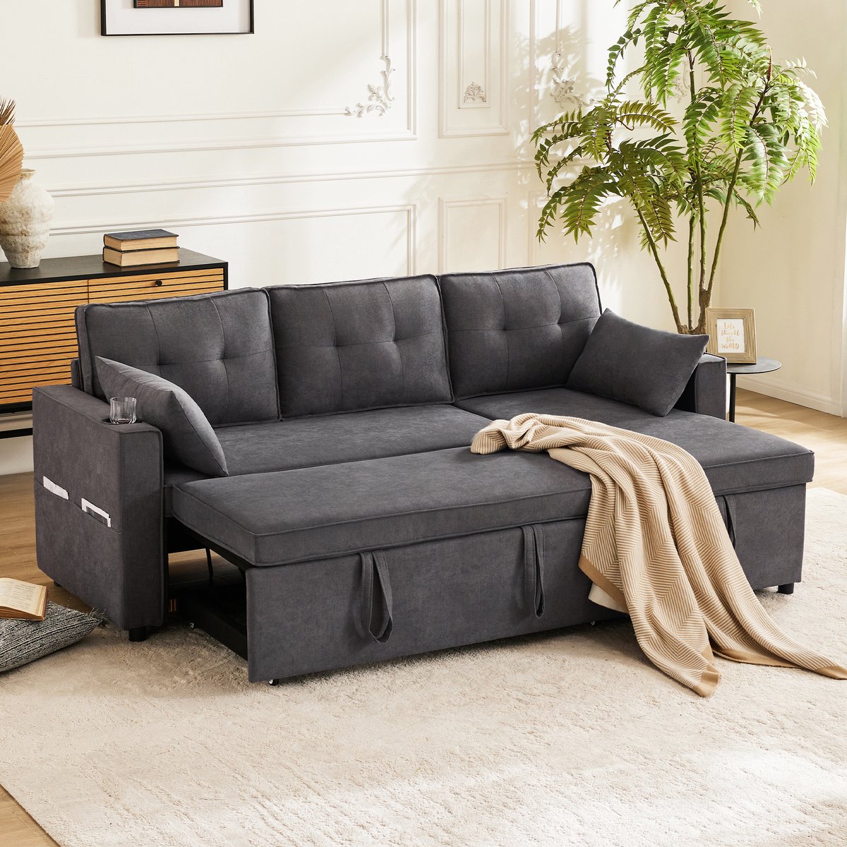 HAUSS SPOLE Slaapbank Met Chaise Longue - Omkeerbaar Links En Rechts - Met Opbergruimte En Bekerhouders - Voor Woonkamer En Logeerkamer - Katoenlinnen Grijs