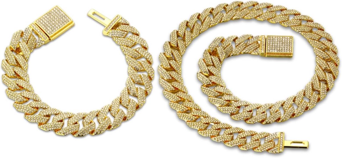 Luxe Iced Out Miami Cuban Link Ketting voor Heren, Volledig Bezeten Goud-Platina Verguld
