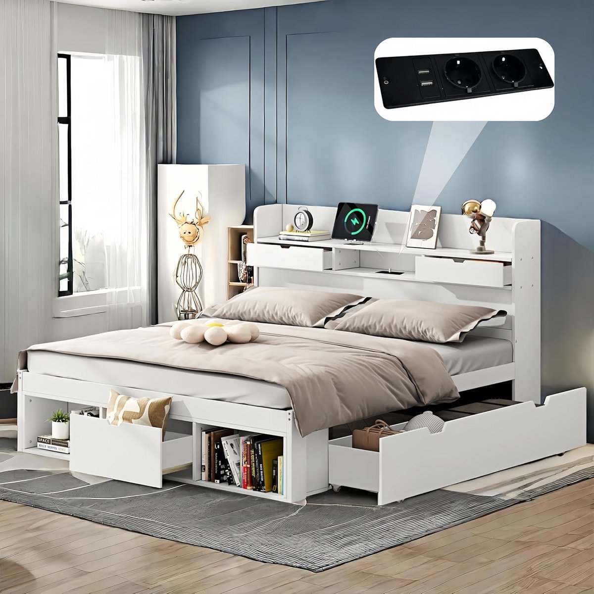 Opbergbed 180x200 met USB-aansluiting en Lades – Multifunctioneel Tweepersoonsbed