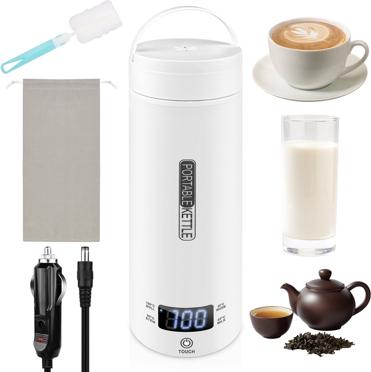 Gaethra Reisewaterkoker elektrisch 500 ml - 12 V kleine draagbare reisewaterkoker met temperatuurinstelling - mini-waterkoker met binnenbekleding van 316 roestvrij staal - voor het bereiden van thee - koffie en babyvoeding