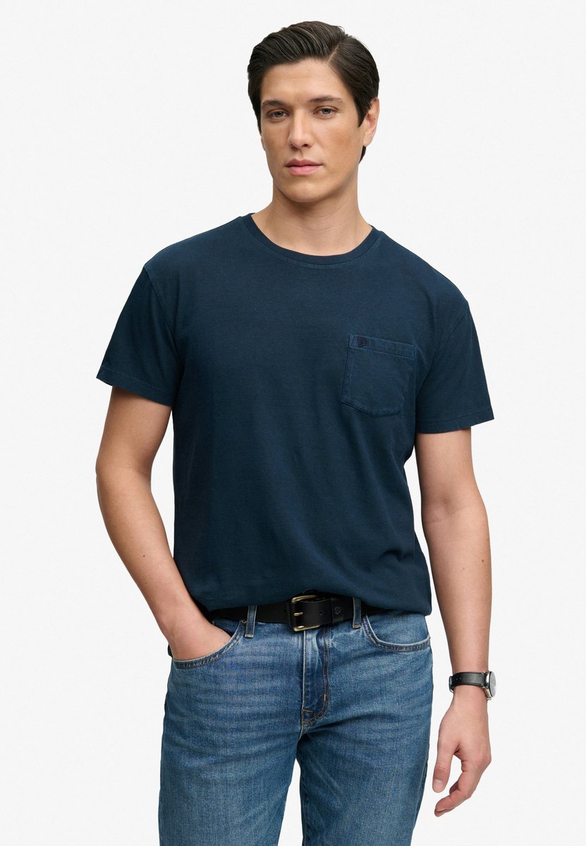 Classic Cotton Linen Pocket T-shirt Relaxed Pasvorm Marineblauw