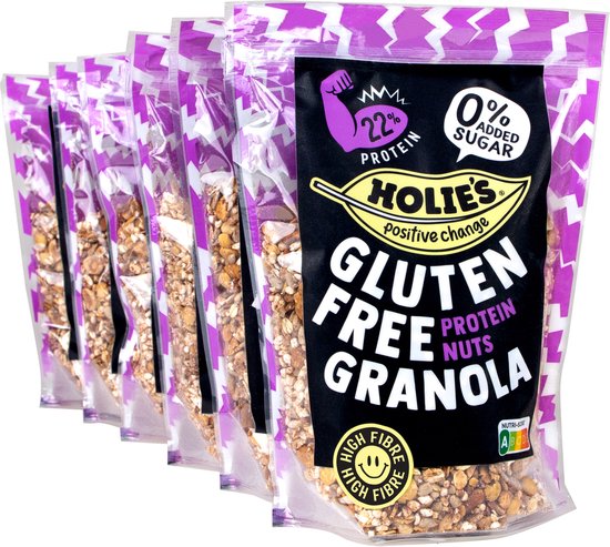 Rij van zes zakken Holie's Glutenvrije Proteïne Granola met noten, 22% proteïne en 0% toegevoegde suiker.