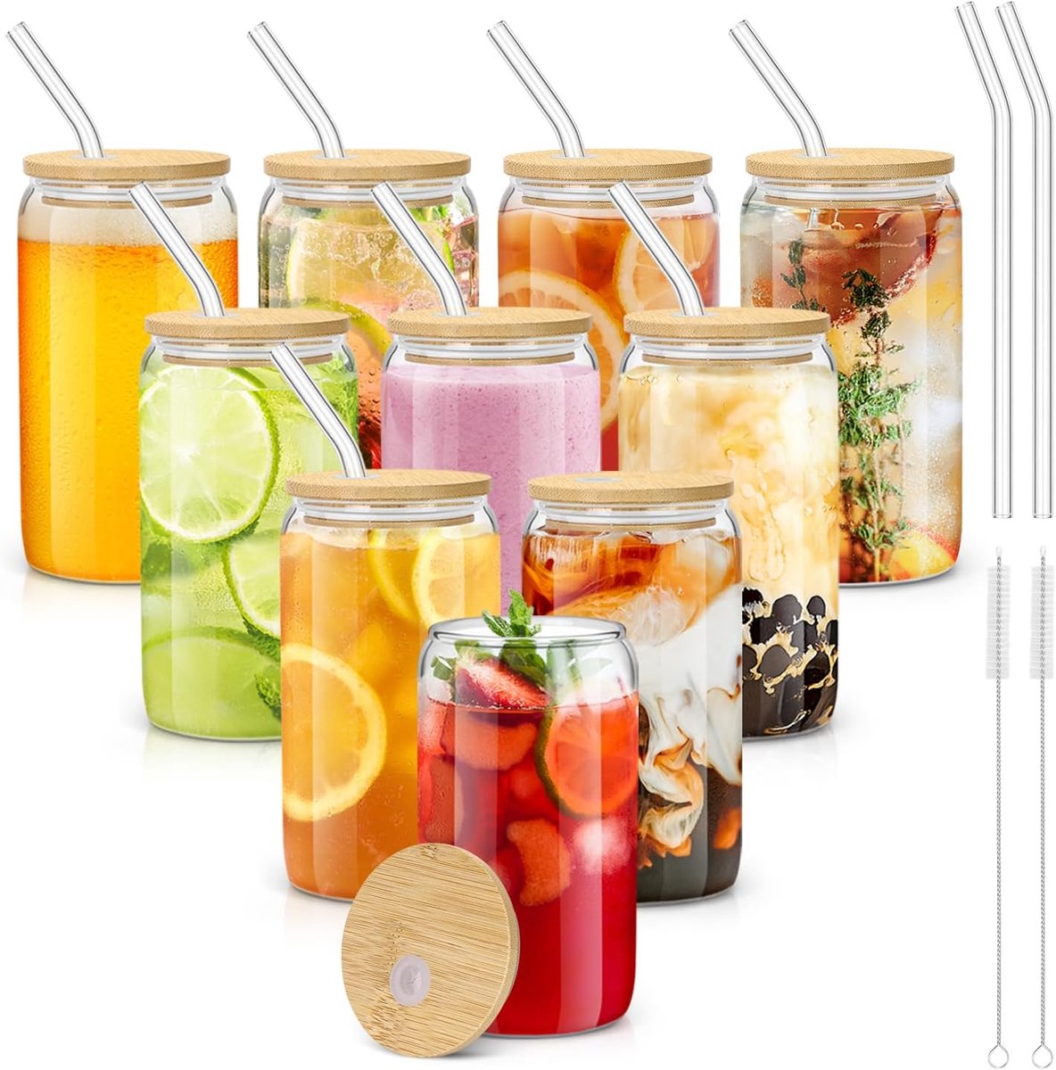 Glazen Bekers - Drinkglazen Set - Dranken Serveren - Met Bamboe Deksel - 16 oz - Transparant