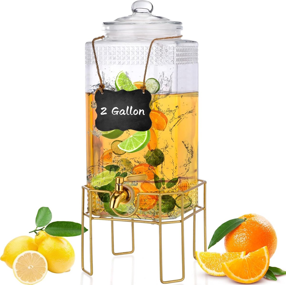 Drankdispenser Glas - Drankjes Koeler - Feestjes Thuis - Inclusief Standaard - 2 Gallons - Goud