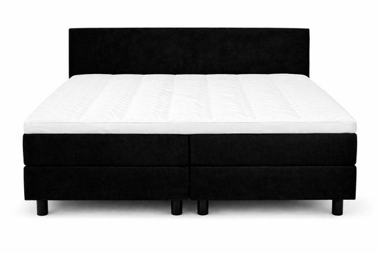 Vooraanzicht van een zwart boxspringbed met wit matras.