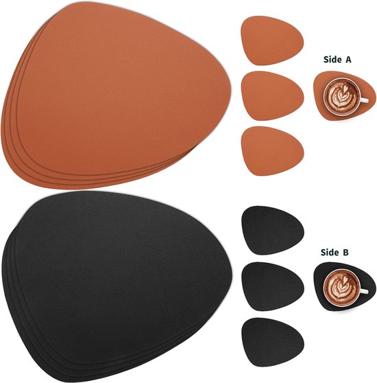 Pile de sets de table et sous-verres noirs et marrons.