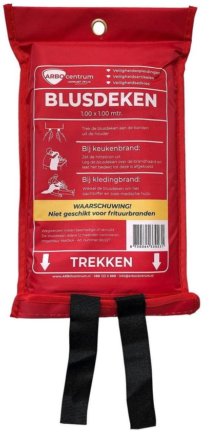 Rode softbag met een brandblusdeken van 100x100 cm. Tekst in het Nederlands.