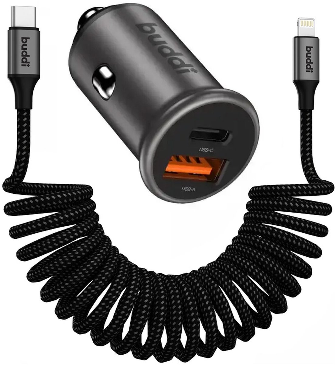 Buddi Power 45W Autolader met USB-C naar Lightning Krulsnoer