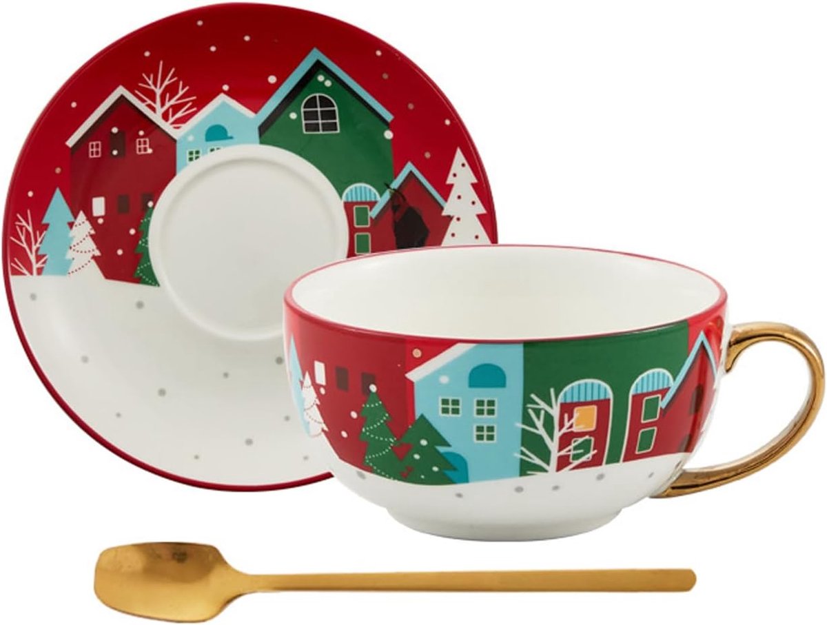 Kerst Mok en Schotel - Theeservies Set - Warme Dranken - Kerst Huis Patroon - 280ml Inhoud - Wit
