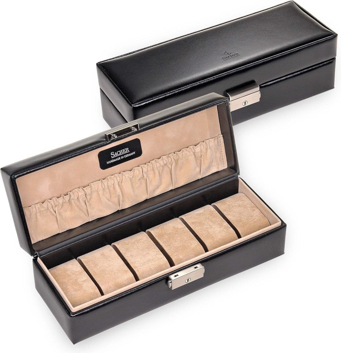 Horloge Koffer - Watch Box - Veilig Opbergen - Handgemaakt in Duitsland - Voor 6 Horloges - Zwart