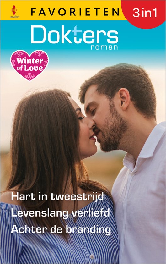 Een stel kust, met 'Doktersroman Favorieten 3in1' en 'Winter of Love' in tekst. Ook 'Hart in tweestrijd', 'Levenslang verliefd', 'Achter de branding'.