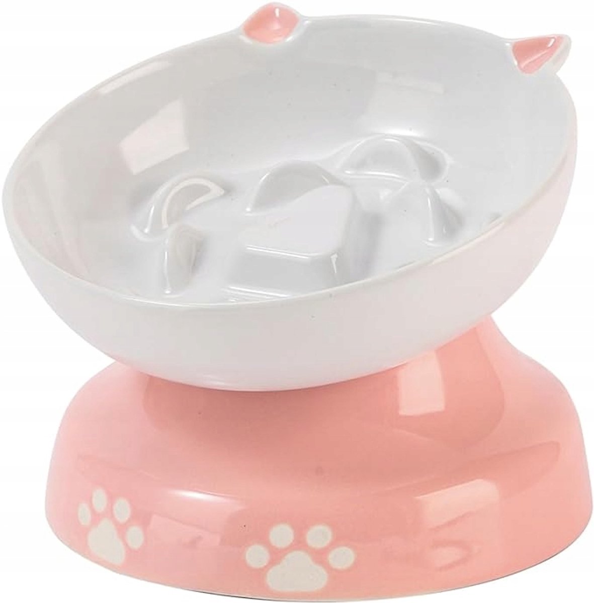 DOWAN Verhoogde Kattenbak - Slowfeeder - Gekanteld - Keramiek - Roze/Wit