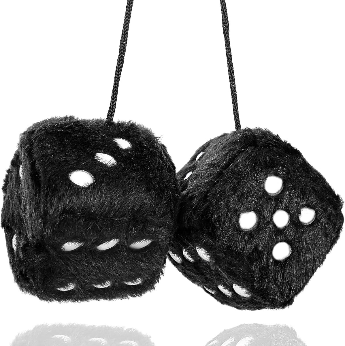 Zwarte pluche dobbelstenen voor autospiegels, een paar pluche dobbelstenen van 6 x 6 cm, vintage hangende decoratie, decoratief accessoire voor de autospiegel (zwart).