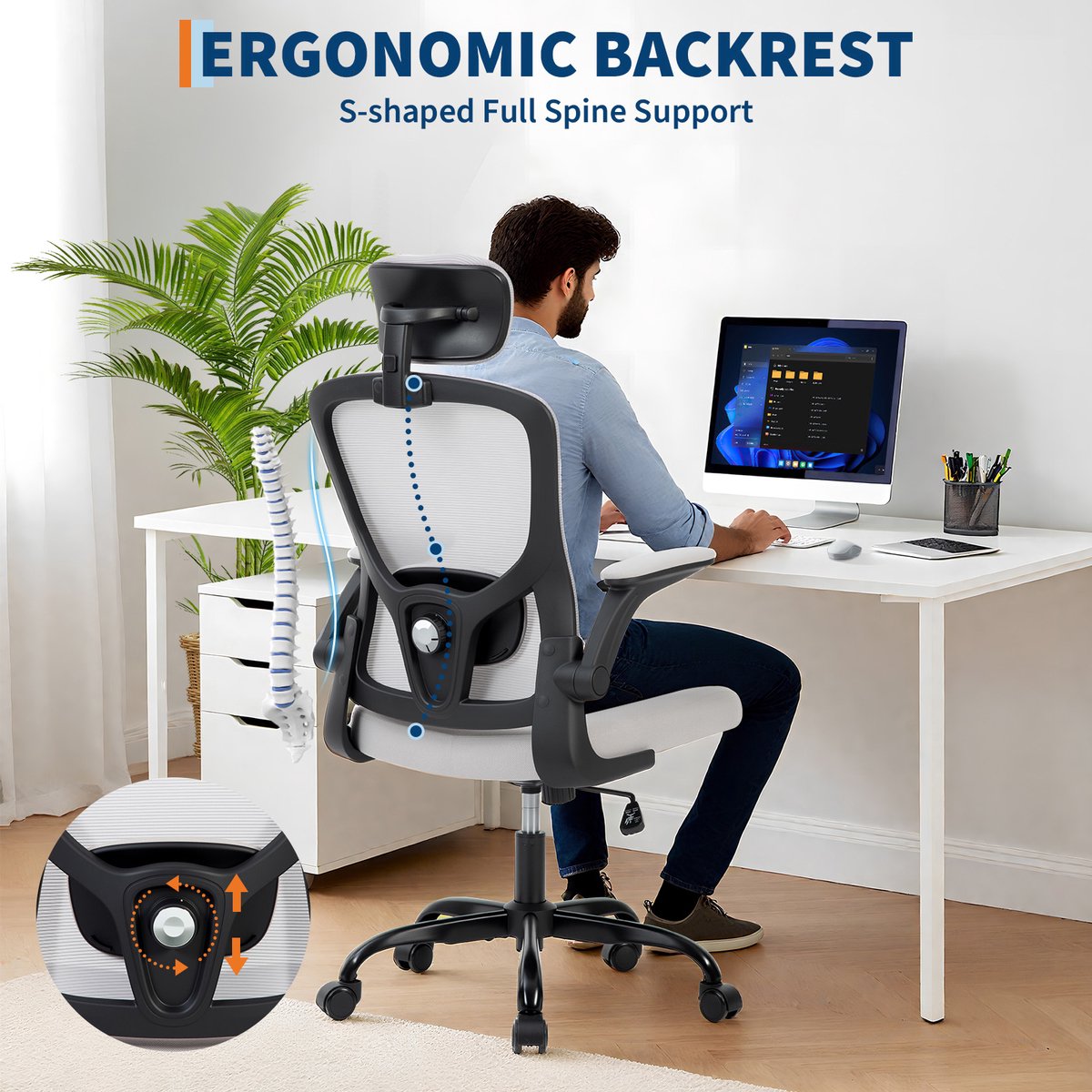 Ergonomische bureaustoel - Verstelbare 2D hoofdsteun - Draaibare armleuningen - Zwenkwielen - Hoge rugleuning