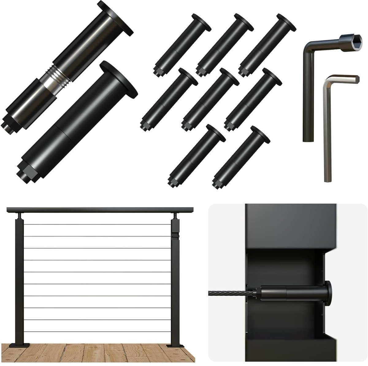 Kabelreling Hardware Kit - Roestvrij Staal Fittingen - Terras Omheining - Onzichtbaar Montagesysteem - 1/8 inch Kabel - Zwart