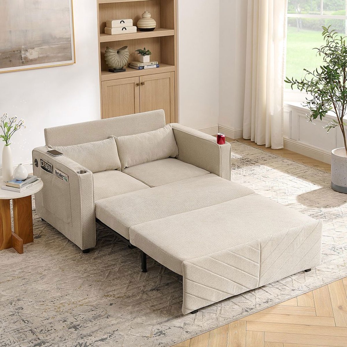 KOMHTOM BLACKCOLORS Minimalistische 3-in-1 slaapbank voor 2 personen, groot en elegant, uitschuifbaar ontwerp, USB-oplaadpunt, perfect voor een dutje, beige