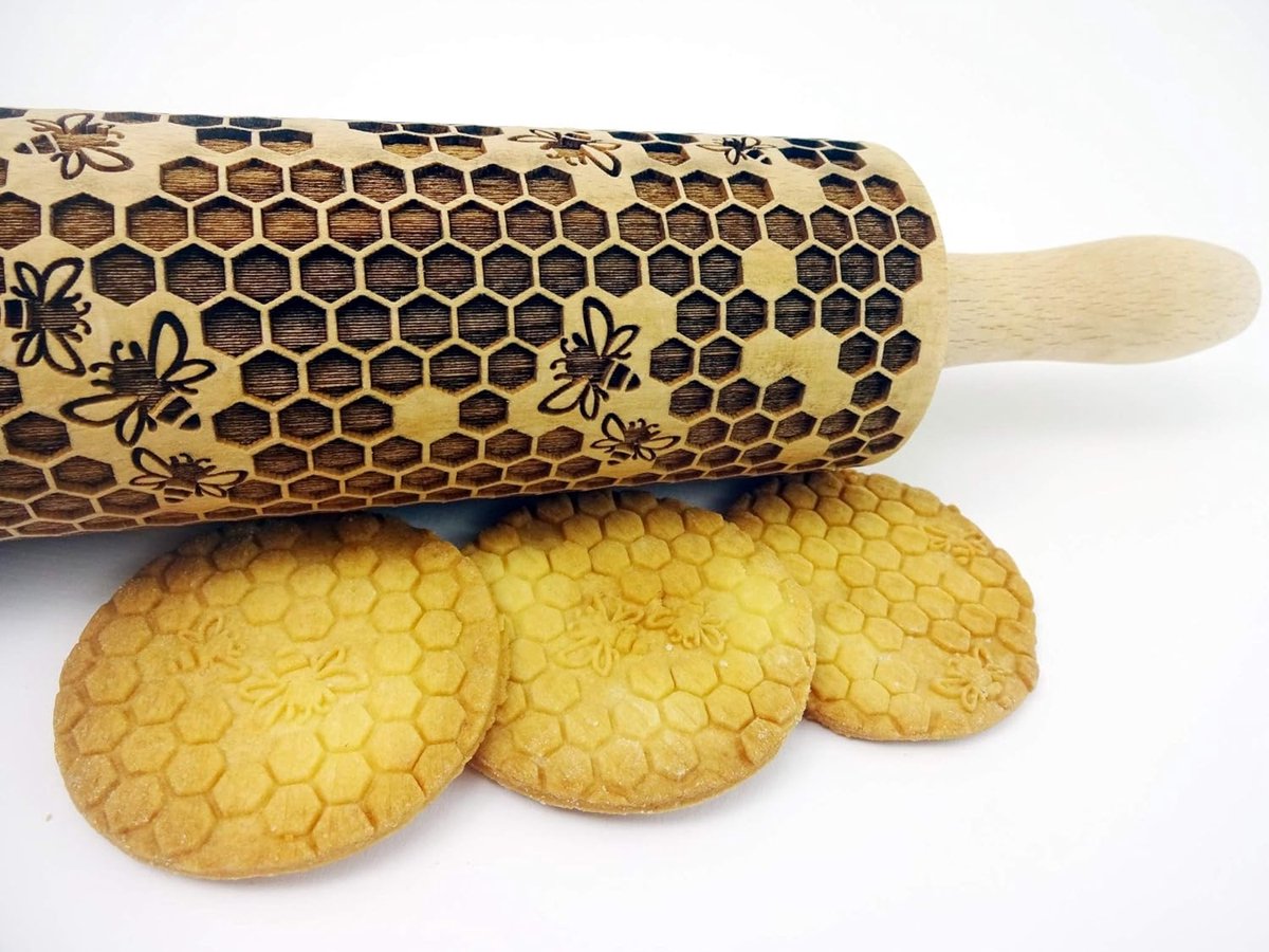 Houten Deegroller - Versierde Roller - Koekjes Bakken - Honingraat Motief - 40 x 6 x 6 cm