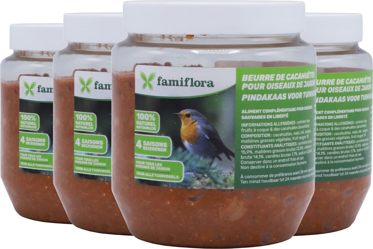 Famiflora vogelpindakaas bosvruchten 4x 350GR - Pindakaas voor vogels - Met bosvruchten voor een lekkere smaak die vogels aantrekt - Geschikt voor alle tuinvogels zodat je tuin vol leven komt