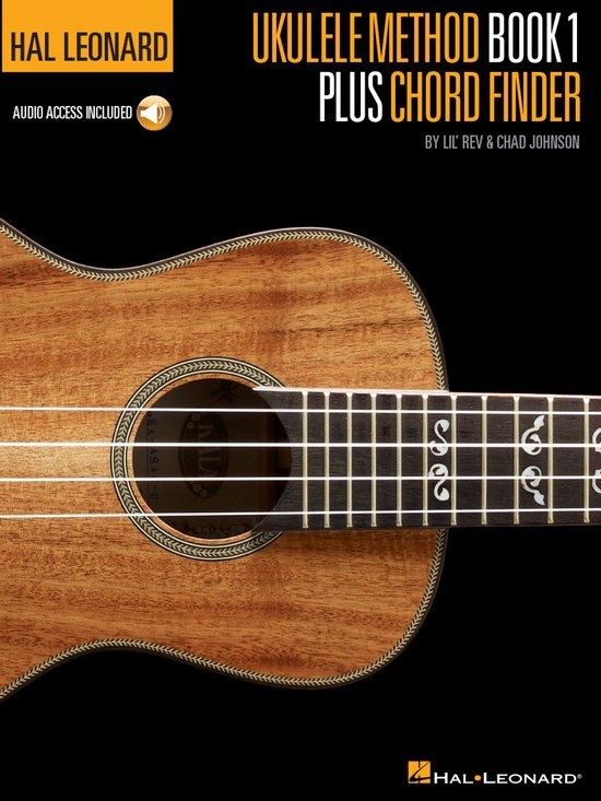 Hal Leonard Ukulélé Méthode Livre 1 Plus Chercheur d'Accords avec accès audio, montre une partie d'un ukulélé.