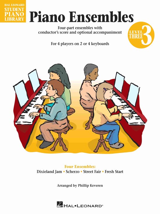 Muziekboek Piano Ensembles niveau 3 met illustratie van vier kinderen die samen piano spelen op twee keyboards.
