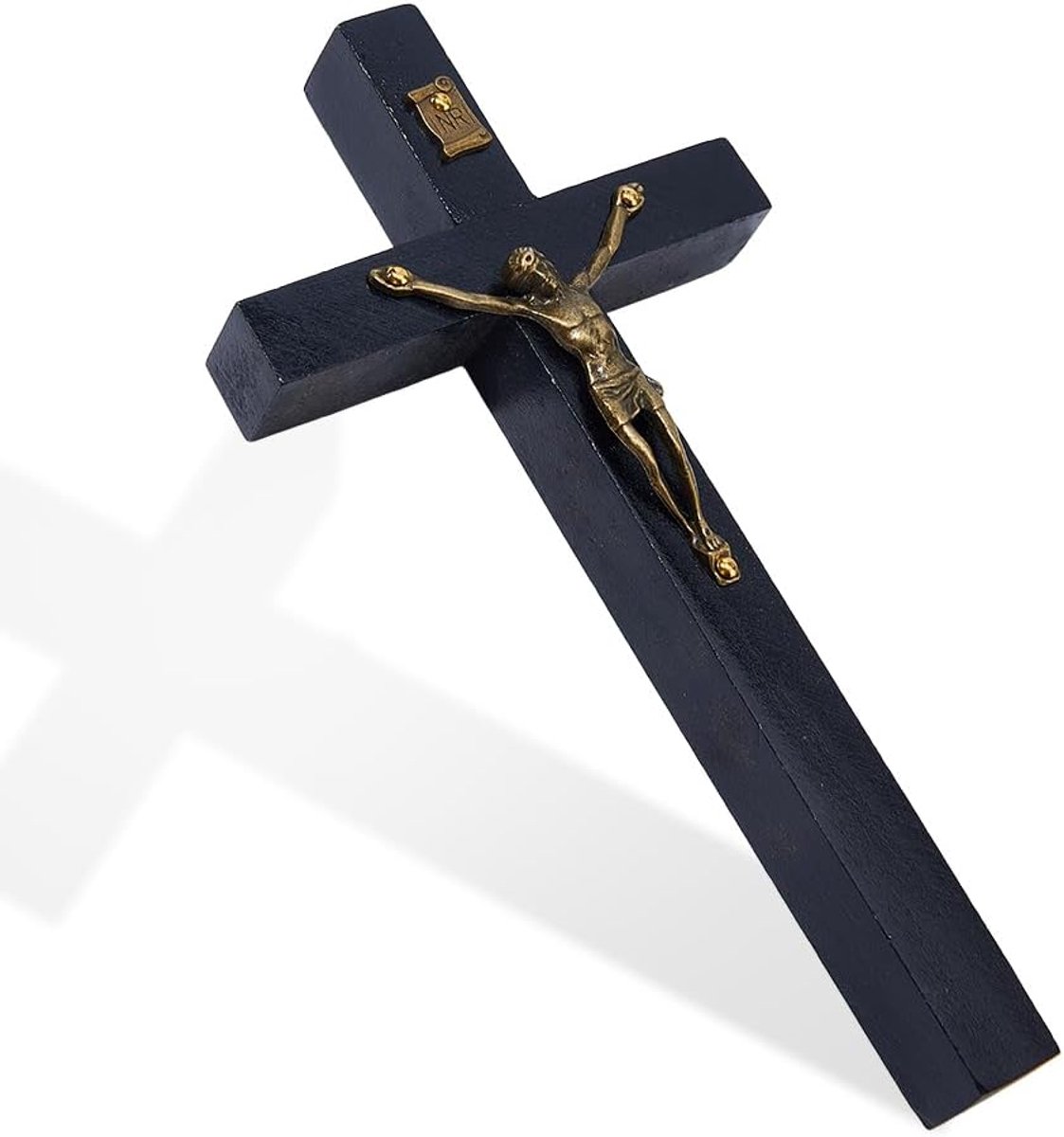 Houten Wandkruis - Kruisbeeld Religieus - Wanddecoratie Huis - Met Sint Benedictus - 15x8cm - Zwart