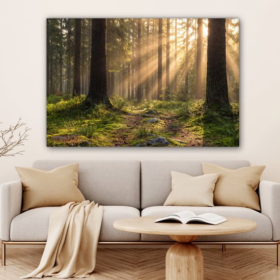Een lichte woonkamer met een canvas schilderij van een bos met zonlicht. Voor de bank staat een ronde salontafel met een boek.