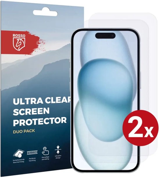 Verpakking en twee doorzichtige iPhone 15 screenprotectors, met bergen op de achtergrond en een 2x cirkel.