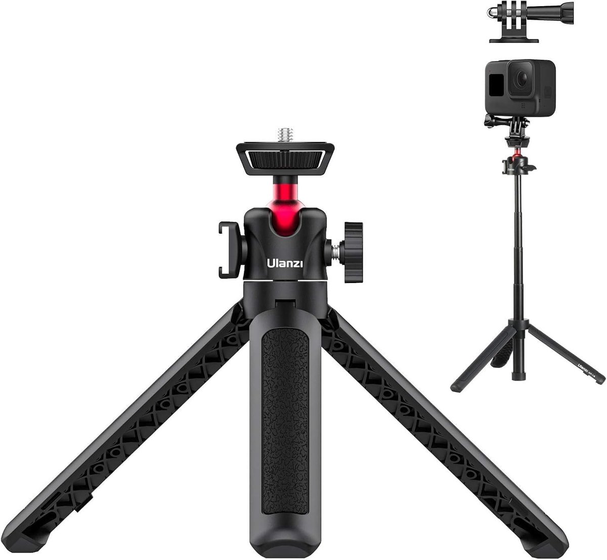 Mini Camerastatief - Vlog Statief Selfiestick - Mobiele Opnames - 360° Kogelkop Koude Schoen - 22-44 cm Uittrekbaar - Zwart