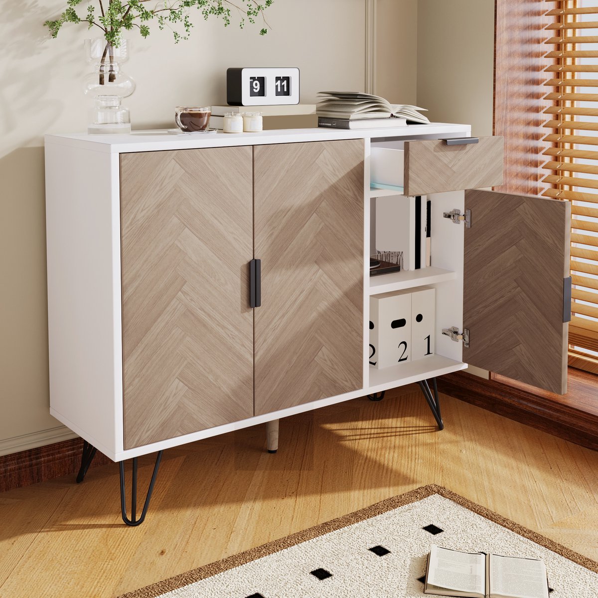 MODENUIT Dressoir - Met Lade, 3 Deuren En Verstelbare Planken - Voor Woonkamer En Hal - Wit En Houtkleur - 90x30x71,5 Cm