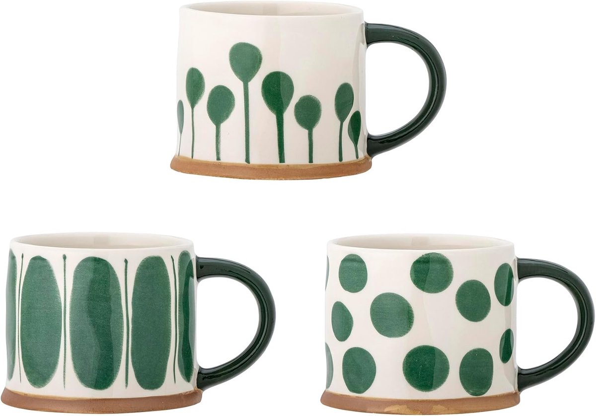 Set Mokken - Kopjes Aardewerk - Dagelijks Gebruik - Set van Drie - T11 x H8.5 cm - Groen