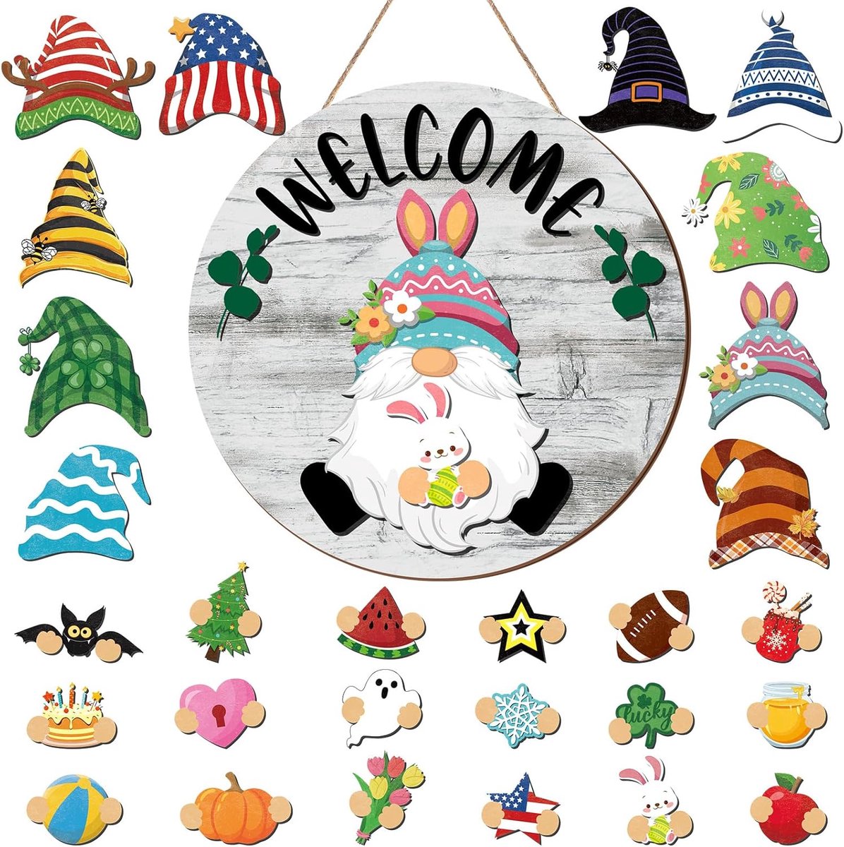 Kabouter Decor Set - Houten Figuren - Pasen Thuis - Verwisselbare Accessoires - 30x30cm - Diverse Kleuren