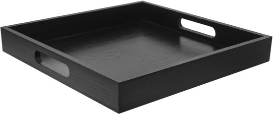 Zwart vierkant dienblad met handgrepen.
