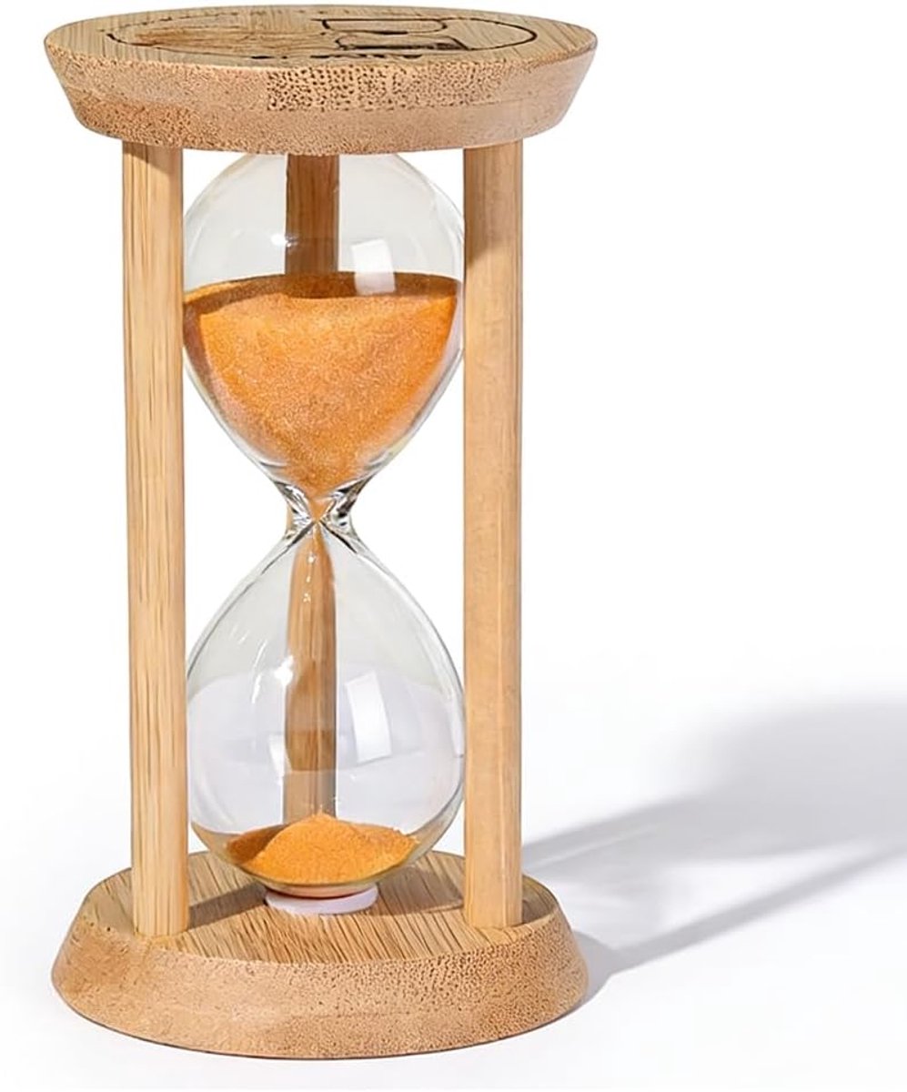 Zandloper Glas - Tijdmeter Hout - Koken Tandenpoetsen - Decoratief Keukengerei - 13.5cm Hoog - Oranje