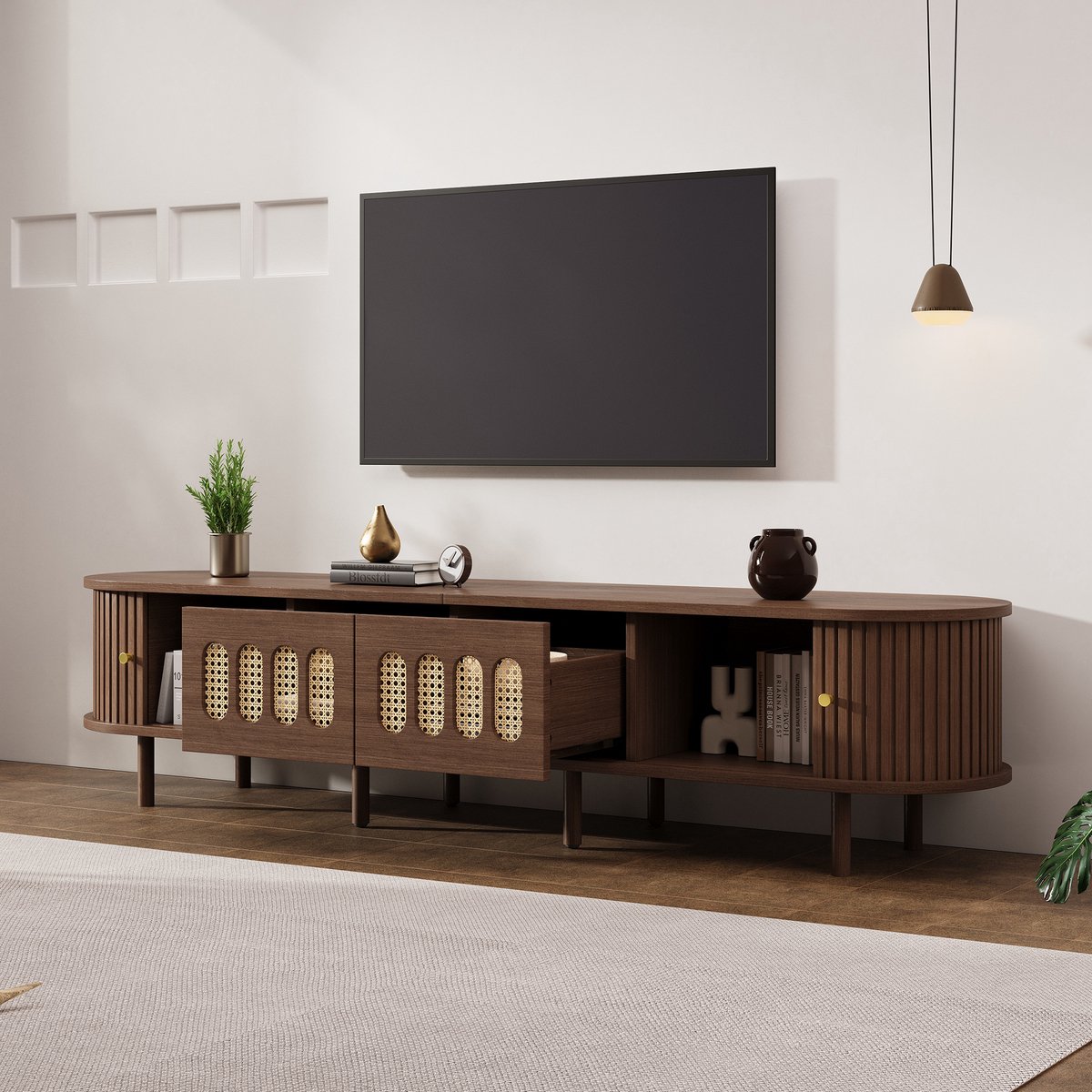 MODENUIT Tv-Meubel - Ovale Kast Met 2 Laden En Roldeuren - Voor Woonkamer - MDF Walnootkleur - 180x40x40 Cm