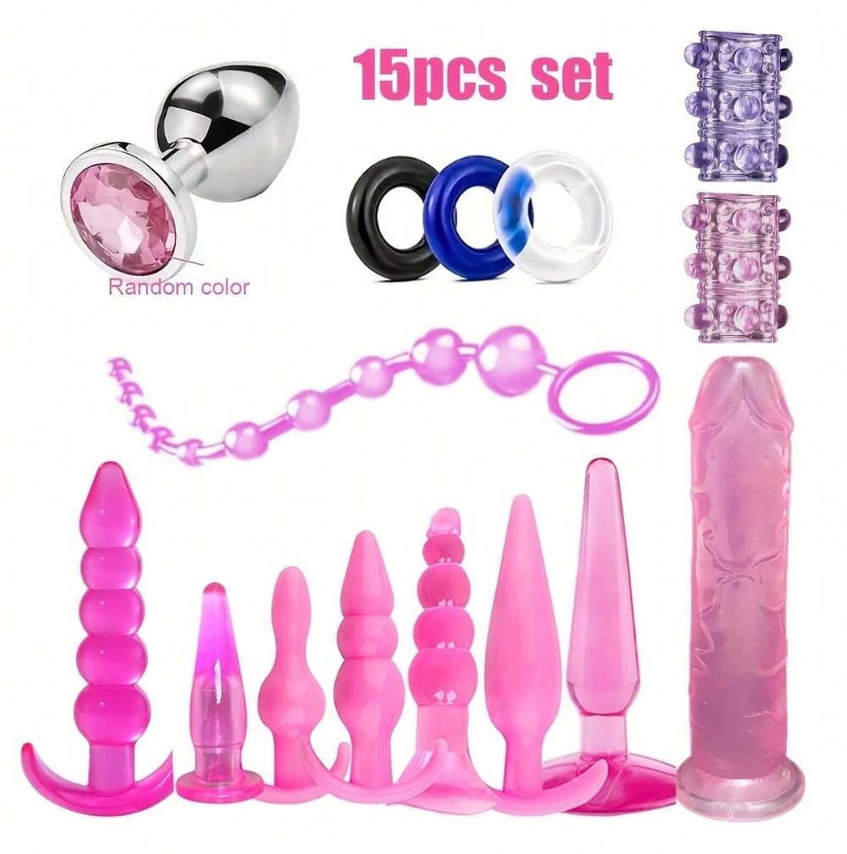 Daity Anaal Plug Set 15-delig – Siliconen Beginners Set met Verschillende Maten & Vormen – Inclusief Ballenketting, Cockringen en Structuur Pluggen – Ergonomisch & Huidvriendelijk – Voor Beginners & Gevorderden – Intieme Wellness Set – Roze