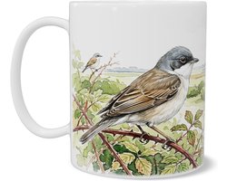 Braamsluiper Mok Aquarel Series - Vogel in Duinlandschap op Braamstruik - Koffiemok en Theebeker voor Thuis en Kantoor Werkplek - Natuur Cadeau voor hem & haar: Vrouw, Vriend(in) of Collega - Hollandse Kust Drinkbeker