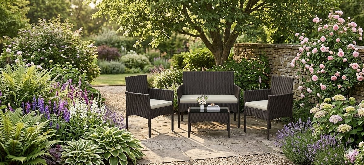 4-delige Polyrotan Loungeset 100 x 59,5 x 83,5 cm 2-Zitsbank, 2 Stoelen en Tafel met Kussens bruin Grijs - NoviHome