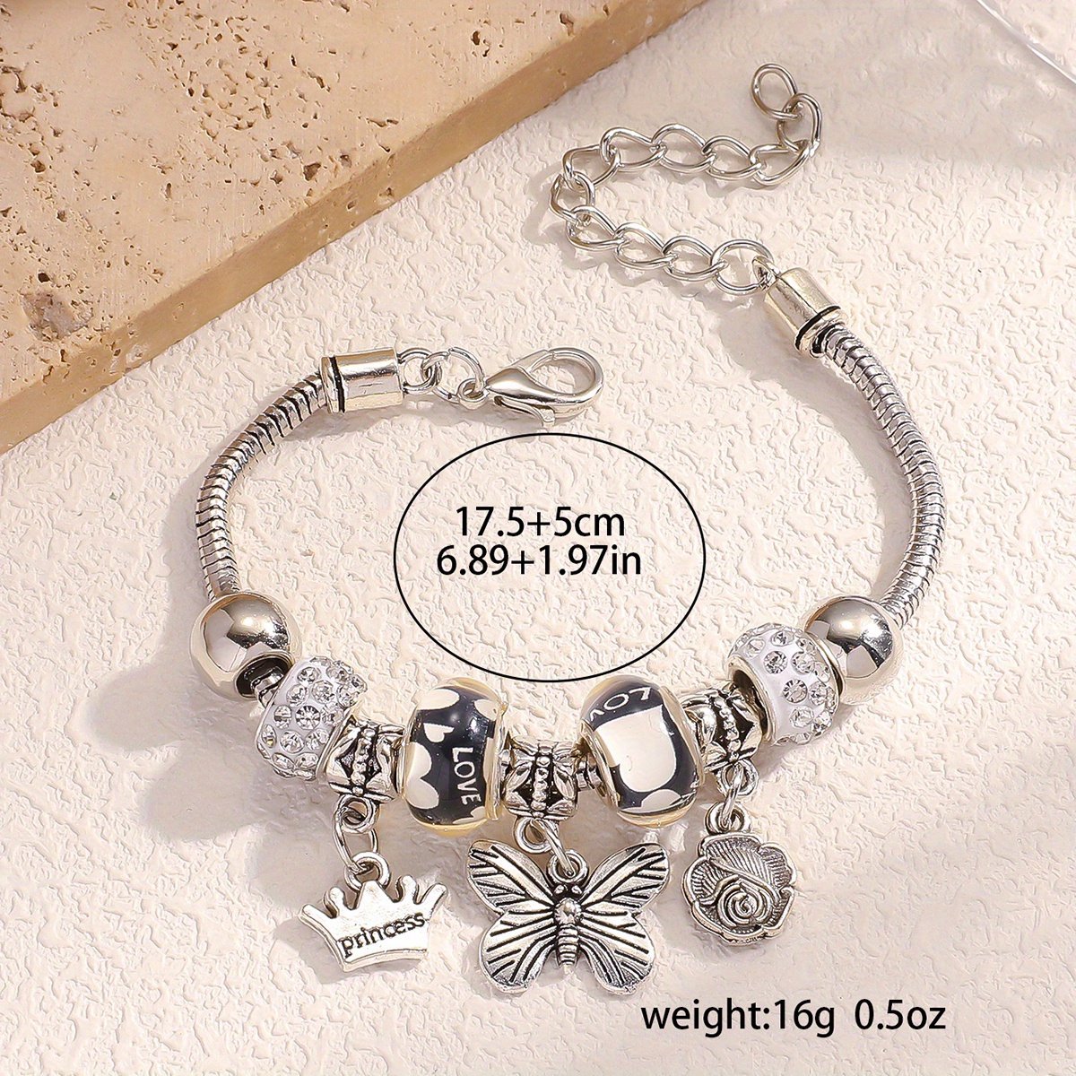Sjika - Bedelarmband Dames Zilver plated – Armband met Bedels & Kristal Kralen – Pandora Style Charm Bracelet – Verstelbaar — cadeau in Sieraden - foto 3