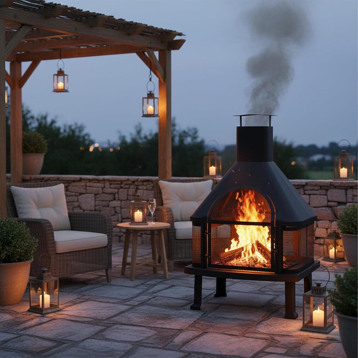Terrasoven met Grill en Vonkbescherming 110 x 63 x 51 cm Zwart Stalen Tuinhaard met Pookhaak en Aslade XXL Buitenhaard - NoviHome