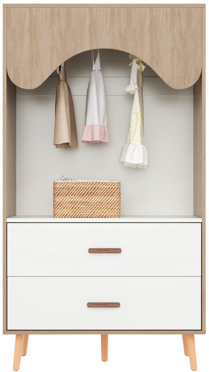 Merax Kinderkledingkast 80x46x141,5 cm – Open Kast met Hangroede en Laden – Wit met Houtlook Kinderkamer Kast
