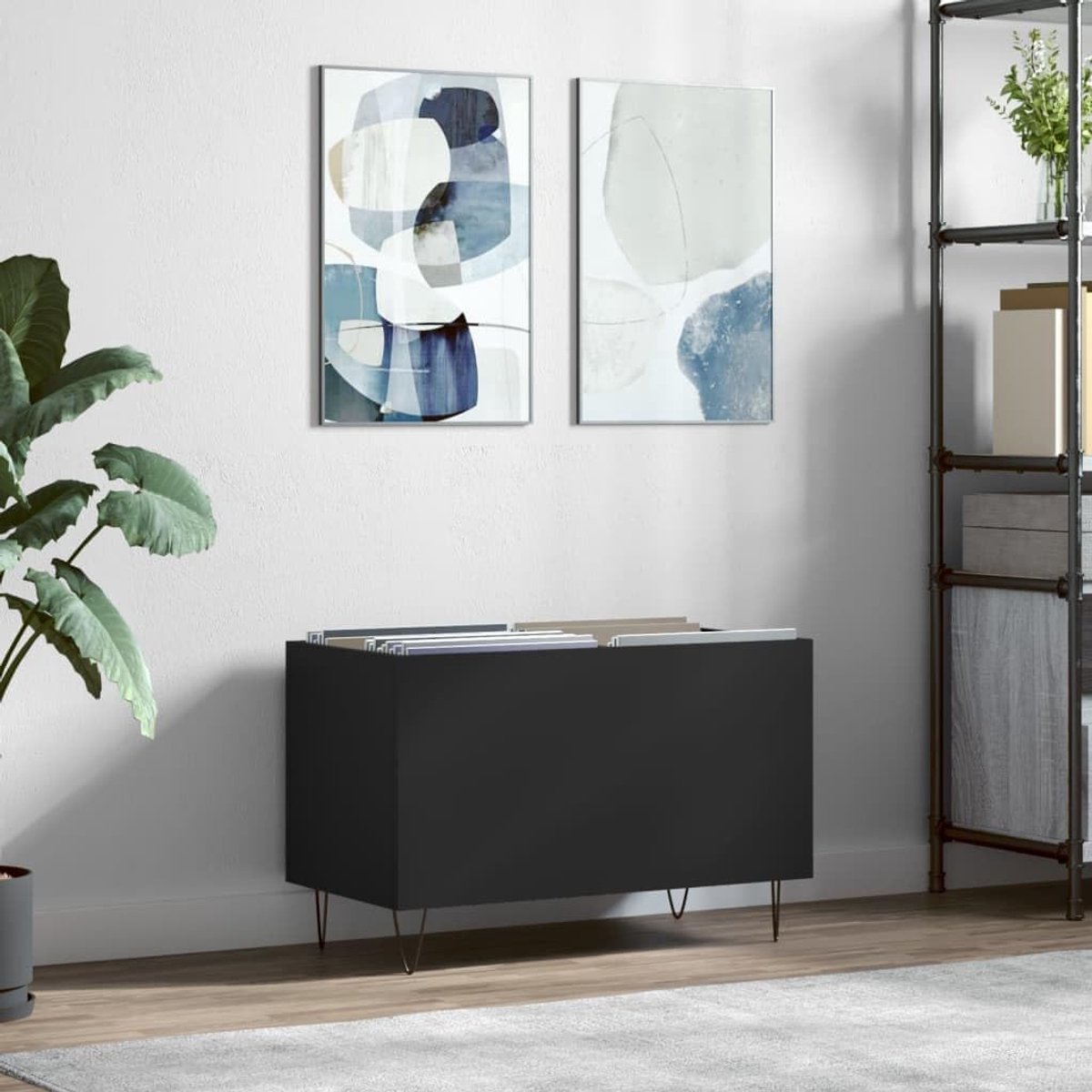 Opbergkast Platen - Muziekmeubel - Vinyl Opslag - Industriële Stijl - 74.5x38x48cm - Zwart