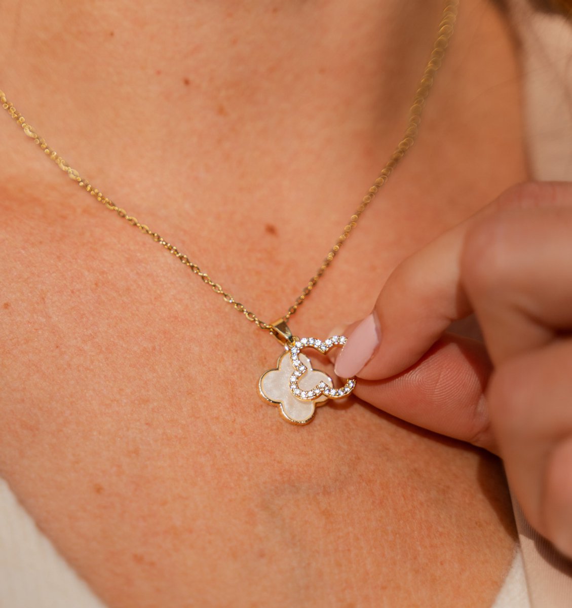 Pavé Klaver Ketting | Stainless Steel Goud - Parelmoer